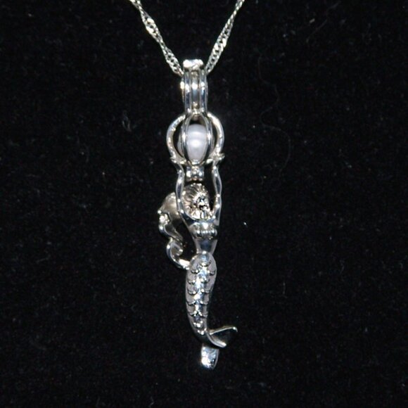 Silver, Cage Pearl/Mermaid Pendant Necklace - Picture 1 of 6